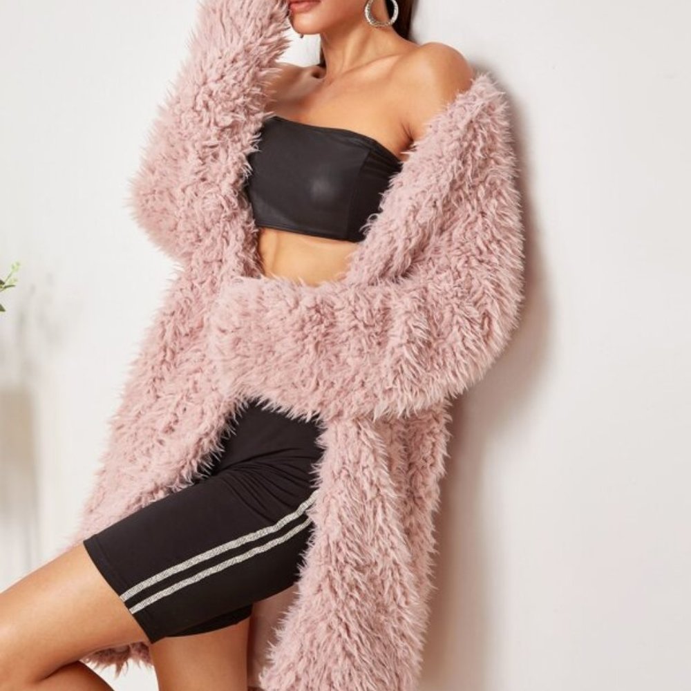 Pink oversized Open Front Fuzzy teddy Coat jacket - Picture 6 of 12